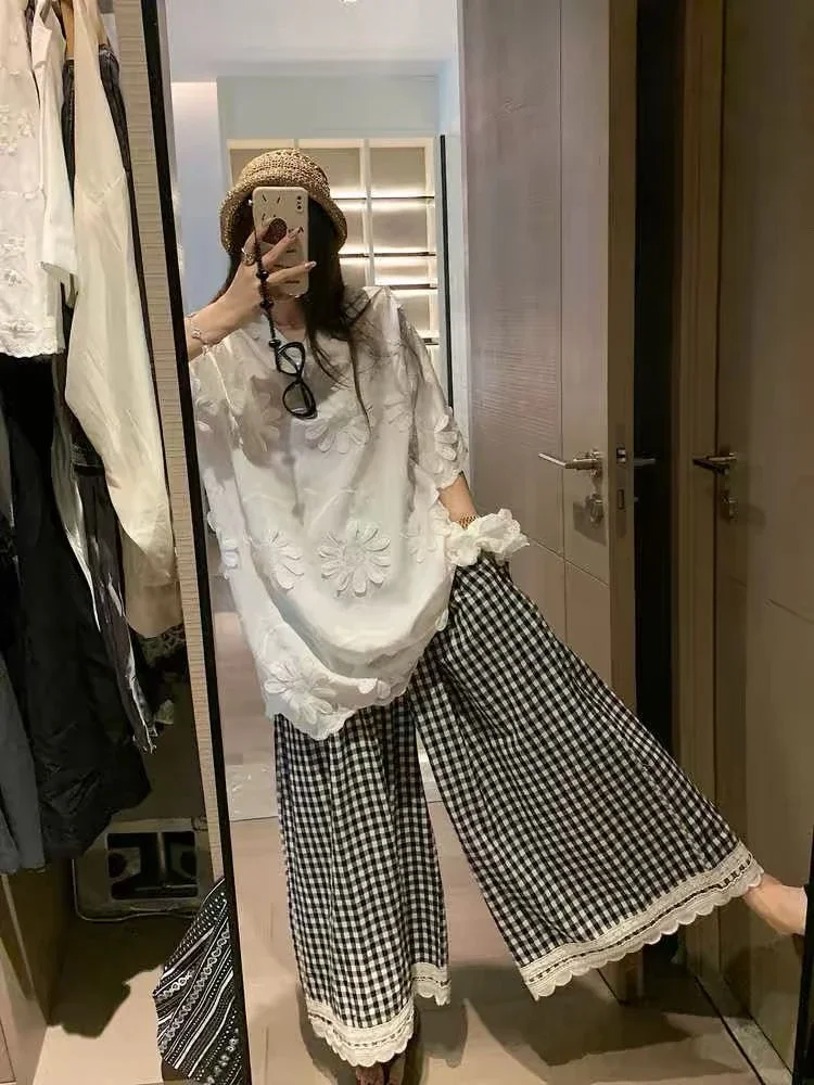 CHICMORE Celana panjang kaki lebar motif kotak gaya retro