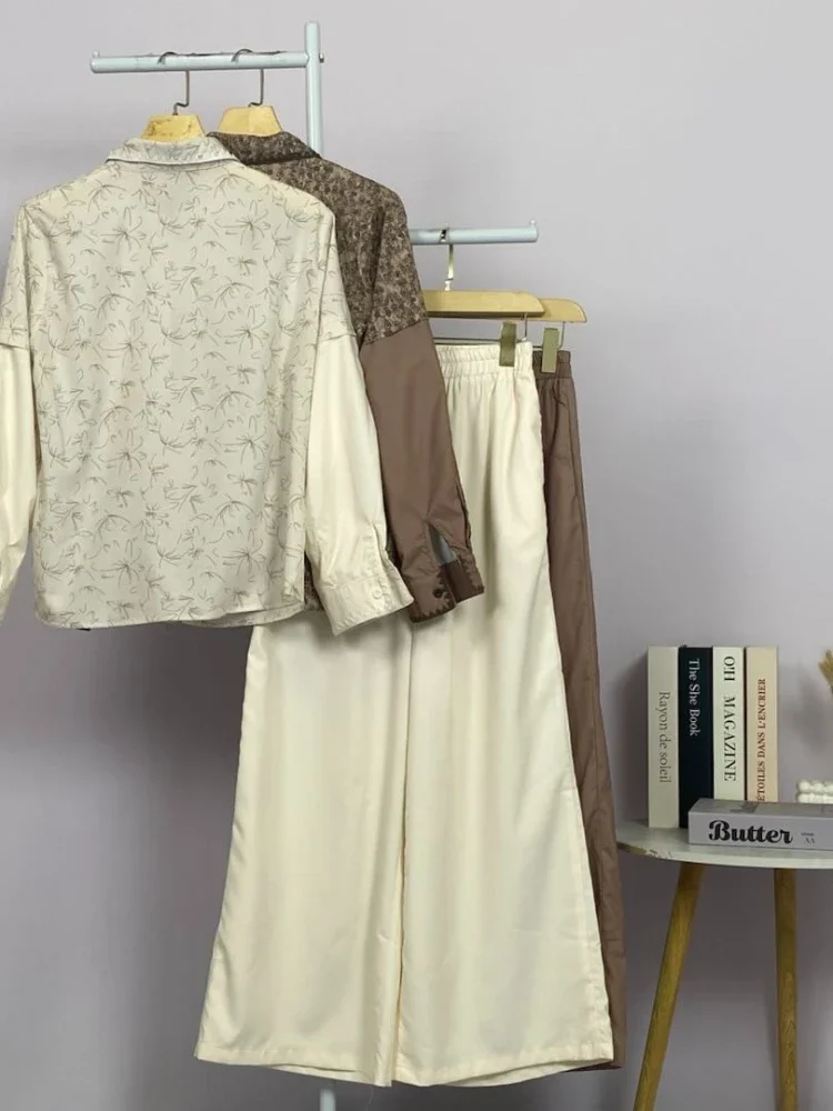 CHICMORE Kaos palsu dua potongan desain cetak bergabung warna murni dengan renda dan aksesoris bordir dengan celana panjang