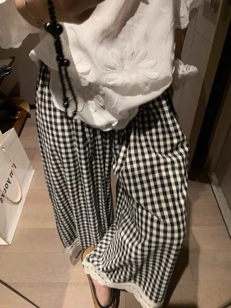 CHICMORE Celana panjang kaki lebar motif kotak gaya retro