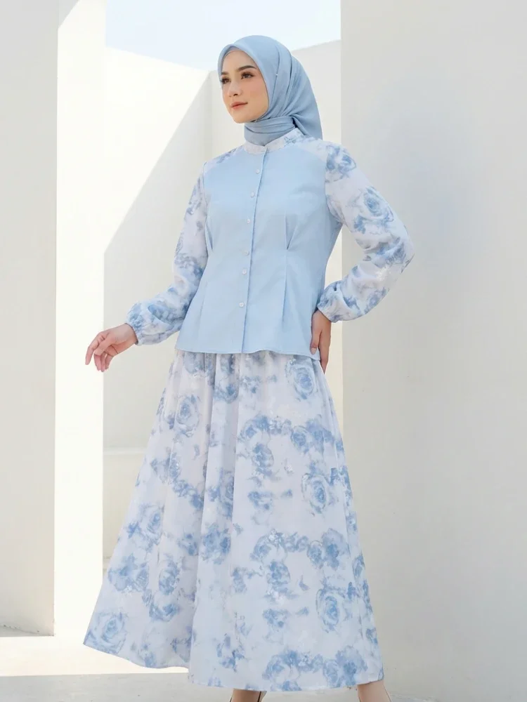 ASAYA Setelan wanita dengan pola cetak dan warna polos, dilengkapi dengan motif bunga, atasan elegan, disertai kemeja bercorak, dipadukan dengan rok panjang bercorak
