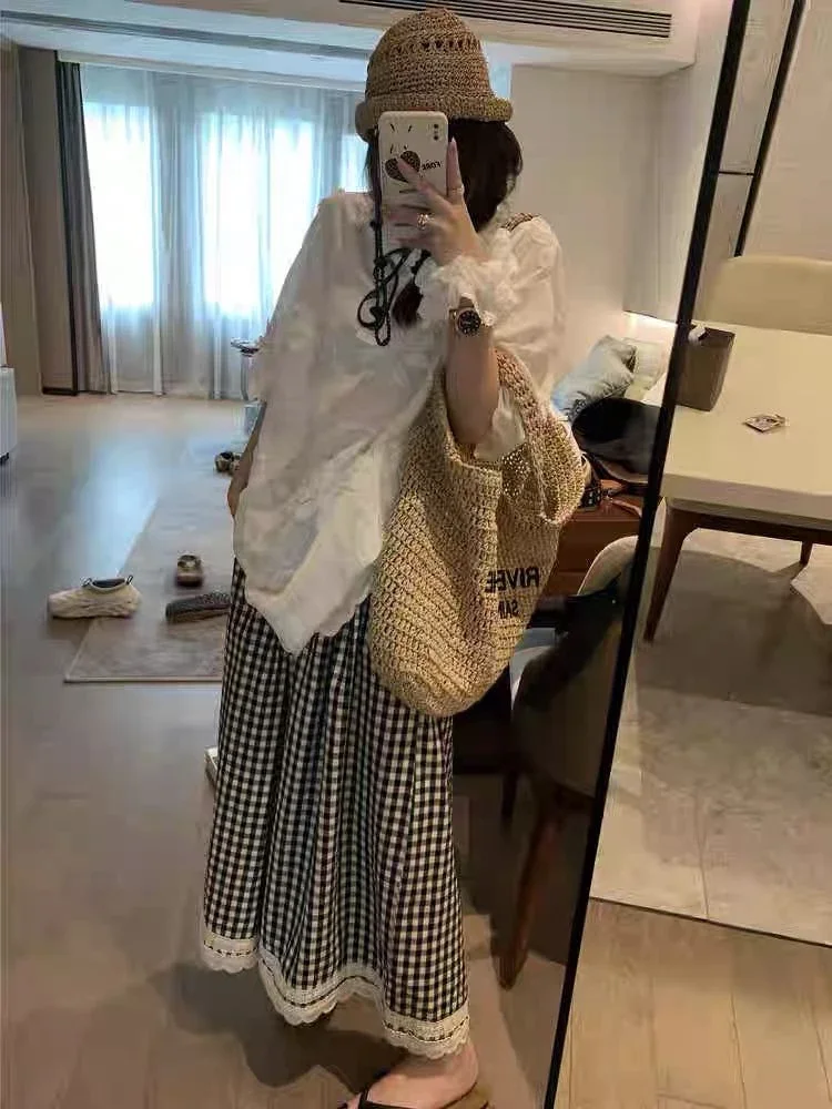 CHICMORE Celana panjang kaki lebar motif kotak gaya retro