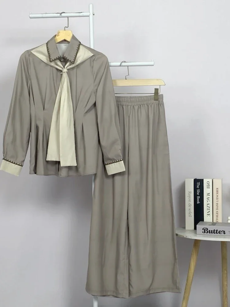 [DISKON KILAT]ASAYA Setelan wanita muslim 2 pcs - kemeja kontras + celana kulot nyaman