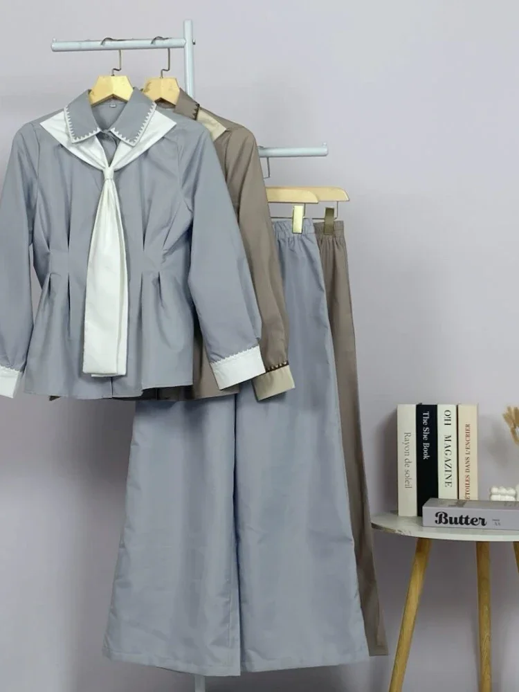 [DISKON KILAT]ASAYA Setelan wanita muslim 2 pcs - kemeja kontras + celana kulot nyaman