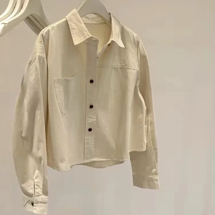 ASAYA Kemeja wanita lengan panjang warna solid kerah polo kasual