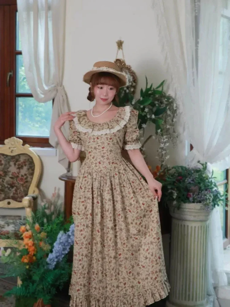 CHICMORE Gaun pinggang ramping lengan pendek kerah bulat motif cetak baru