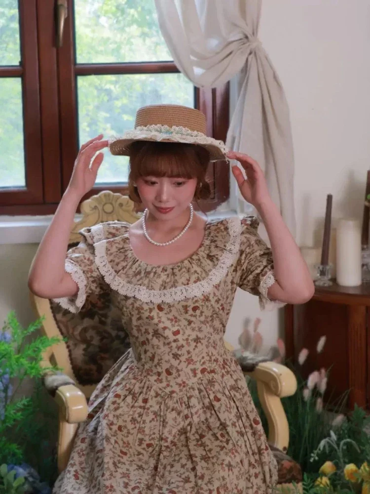 CHICMORE Gaun pinggang ramping lengan pendek kerah bulat motif cetak baru