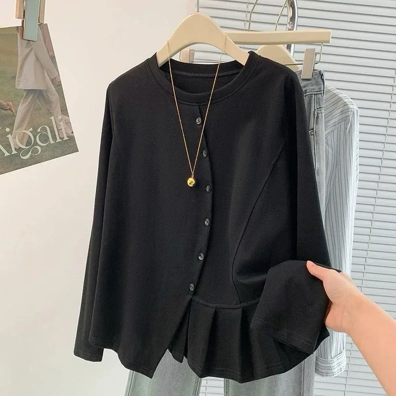 CHICMORE Atasan pakaian wanita kerah bulat lengan panjang warna solid gaya kekinian