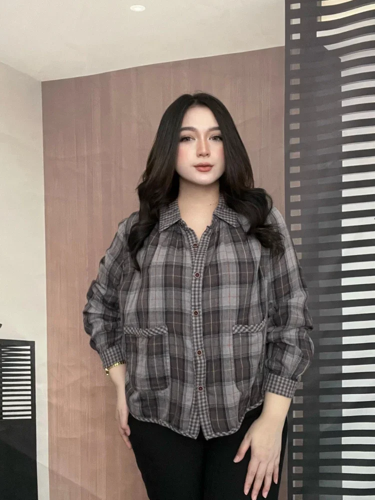 [DISKON KILAT]FADFAD Atasan kemeja motif kotak kotak variasi saku unik model baru berlengan panjang