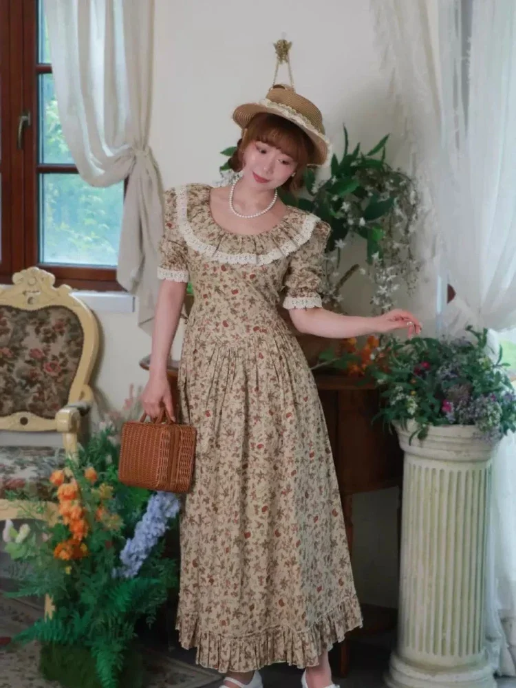 CHICMORE Gaun pinggang ramping lengan pendek kerah bulat motif cetak baru