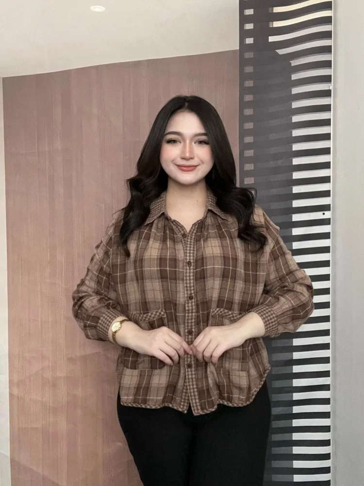[DISKON KILAT]FADFAD Atasan kemeja motif kotak kotak variasi saku unik model baru berlengan panjang