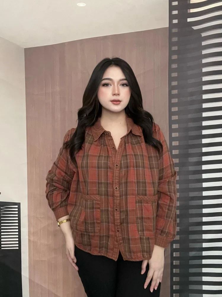 [DISKON KILAT]FADFAD Atasan kemeja motif kotak kotak variasi saku unik model baru berlengan panjang
