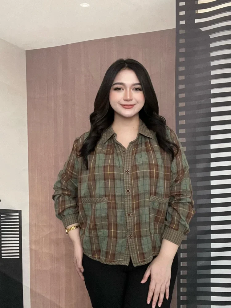 [DISKON KILAT]FADFAD Atasan kemeja motif kotak kotak variasi saku unik model baru berlengan panjang