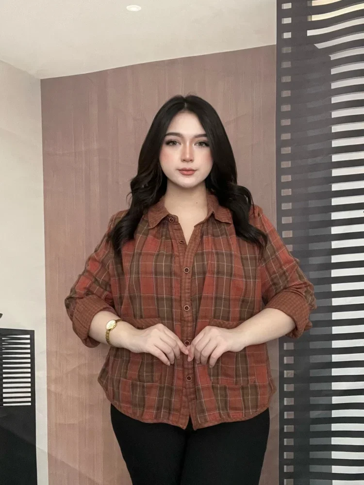 [DISKON KILAT]FADFAD Atasan kemeja motif kotak kotak variasi saku unik model baru berlengan panjang