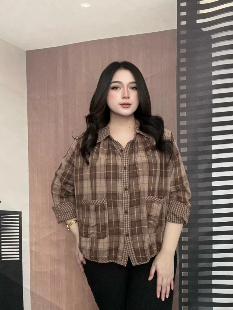 [DISKON KILAT]FADFAD Atasan kemeja motif kotak kotak variasi saku unik model baru berlengan panjang