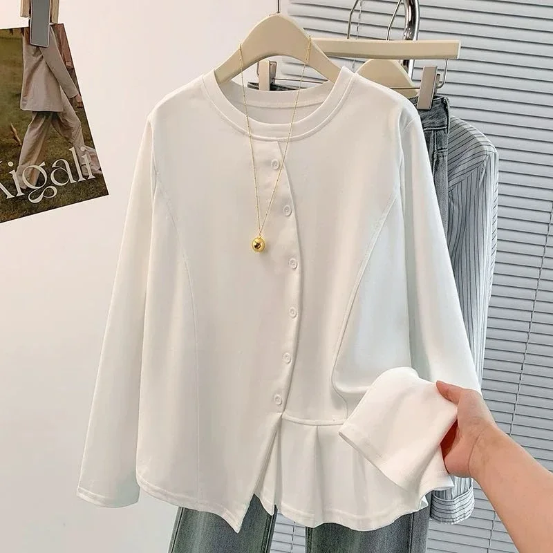 CHICMORE Atasan pakaian wanita kerah bulat lengan panjang warna solid gaya kekinian