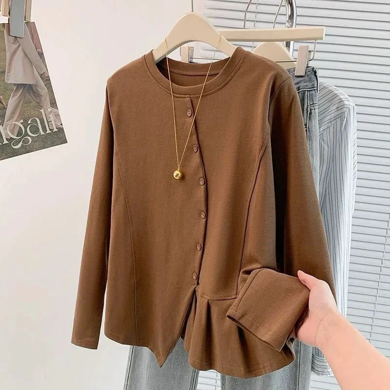 CHICMORE Atasan pakaian wanita kerah bulat lengan panjang warna solid gaya kekinian