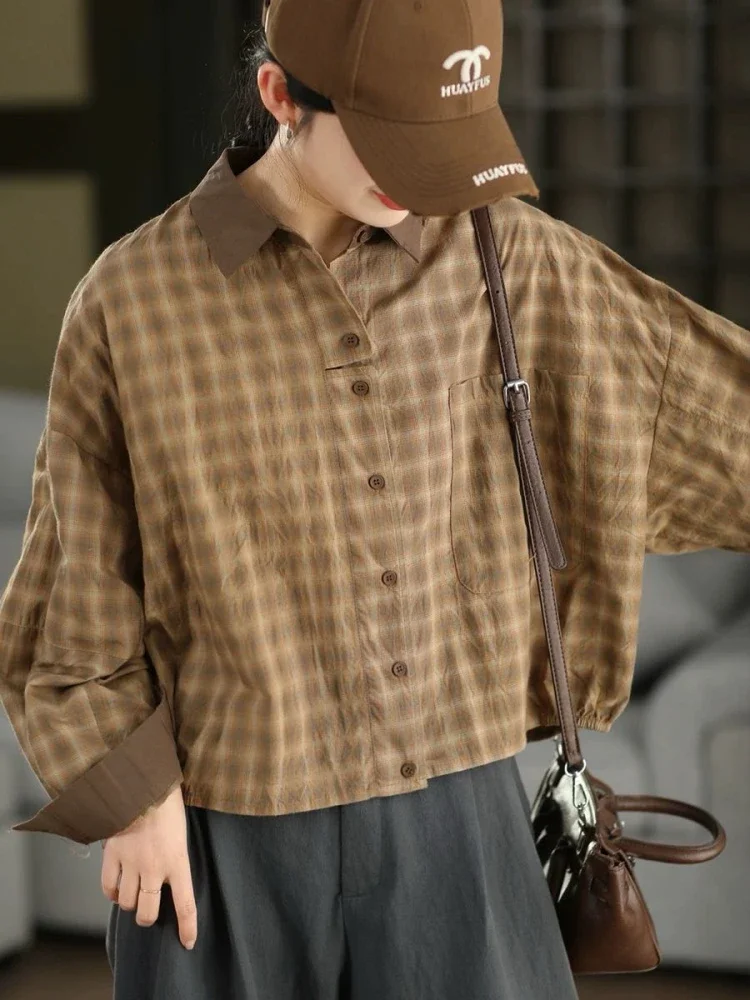 ASAYA Kemeja wanita kasual lengan panjang dengan motif kotak warna kontras formal