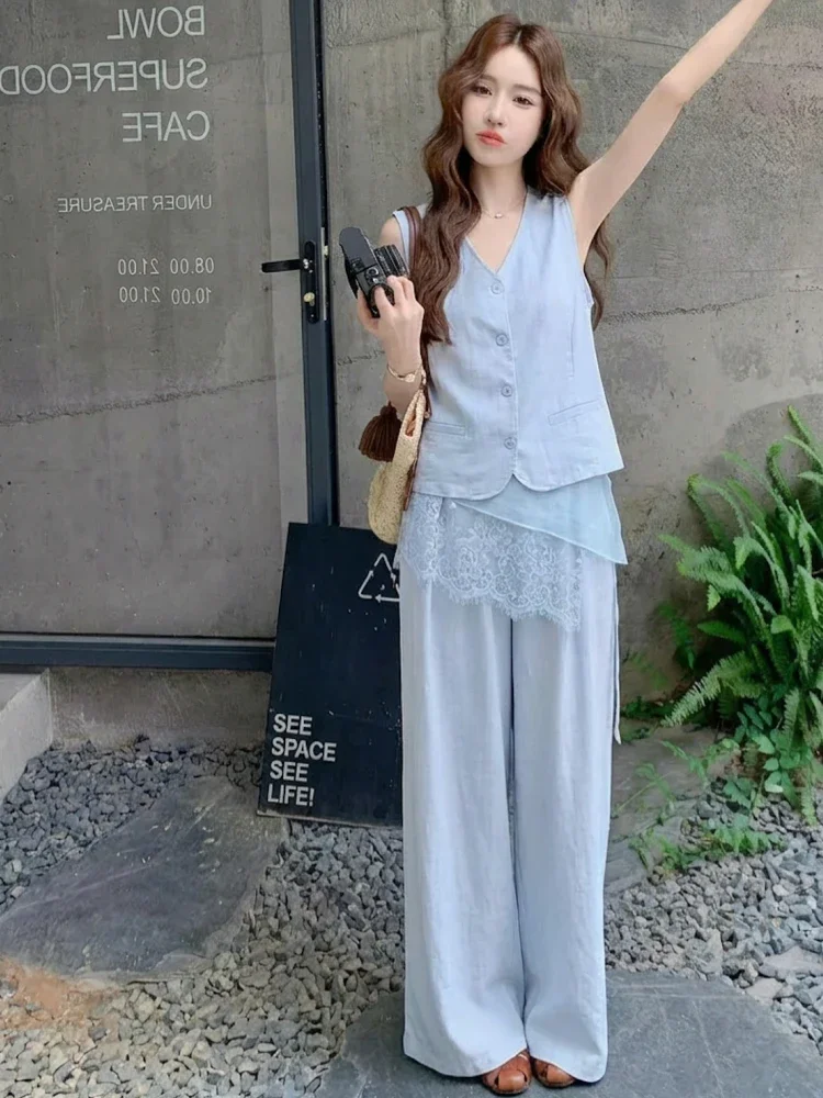 CHICMORE Setelan dua potong super stylish rompi putih elegan dan celana kasual lebar