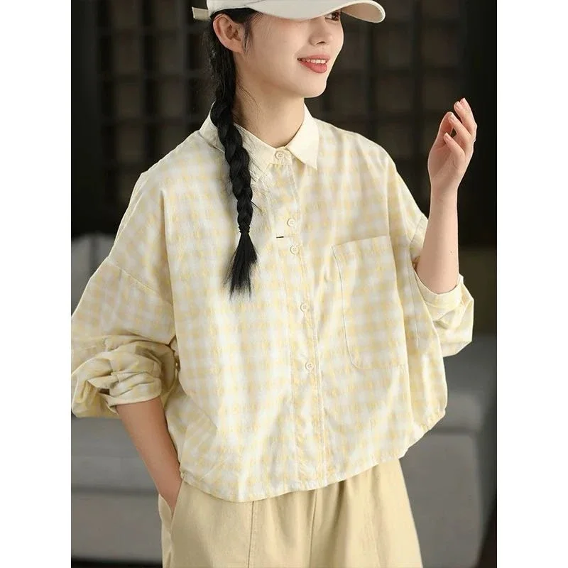 ASAYA Kemeja wanita kasual lengan panjang dengan motif kotak warna kontras formal