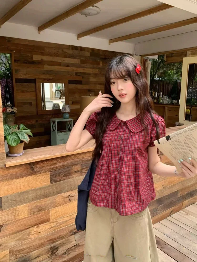 CHICMORE Atasan pakaian wanita kerah polo bermotif kotak gaya retro baru