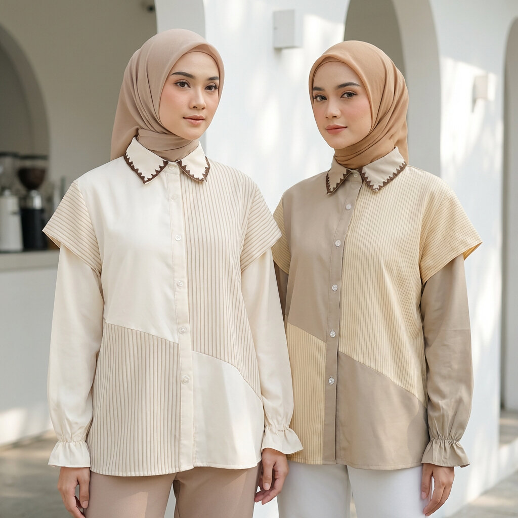ASAYA Blouse wanita lembut desain patchwork garis elegan modern banyak pilihan