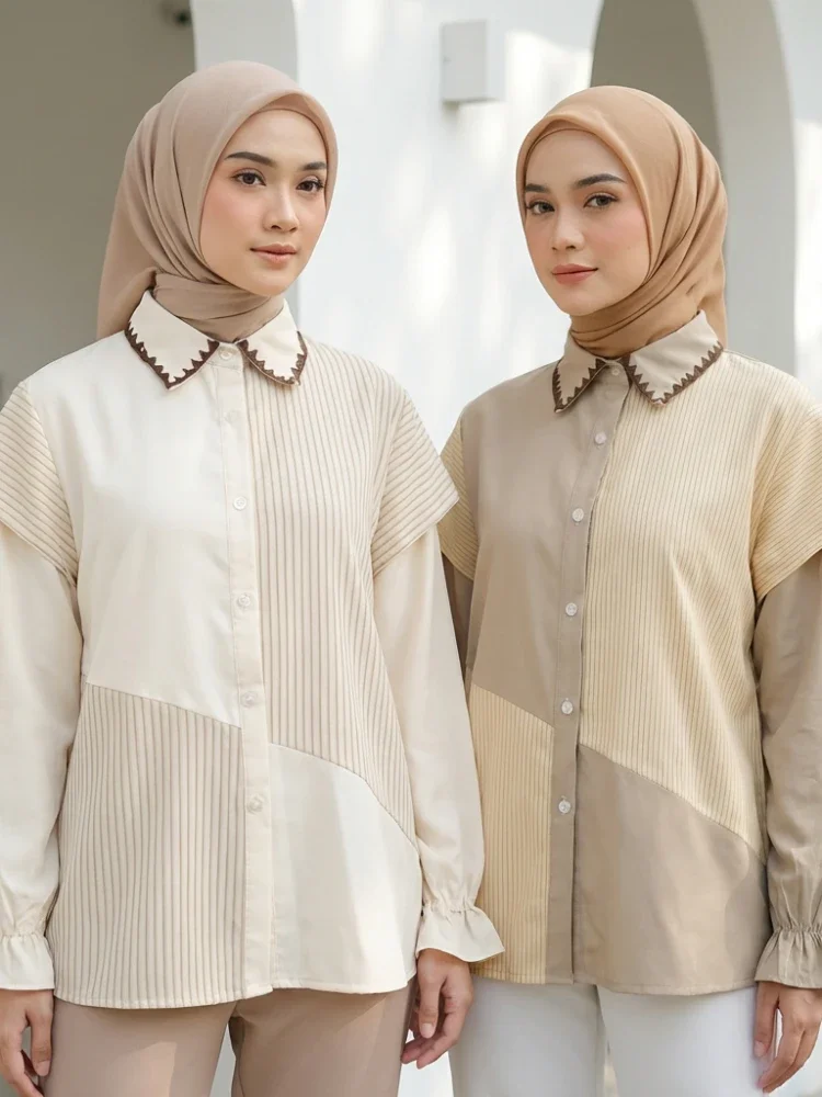 ASAYA Blouse wanita lembut desain patchwork garis elegan modern banyak pilihan