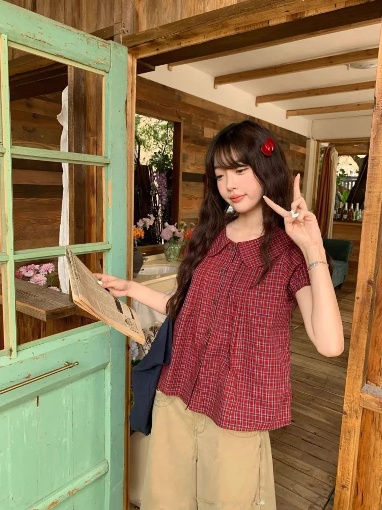 CHICMORE Atasan pakaian wanita kerah polo bermotif kotak gaya retro baru