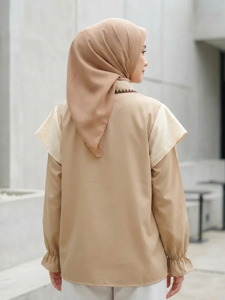 ASAYA Blouse wanita lembut desain patchwork garis elegan modern banyak pilihan
