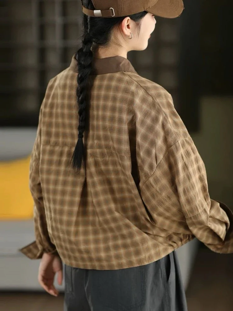 ASAYA Kemeja wanita kasual lengan panjang dengan motif kotak warna kontras formal