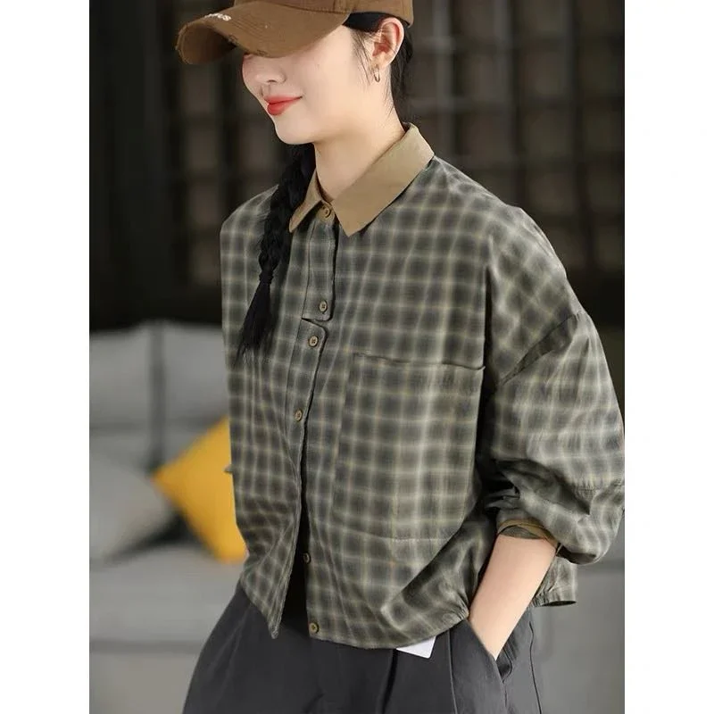 ASAYA Kemeja wanita kasual lengan panjang dengan motif kotak warna kontras formal