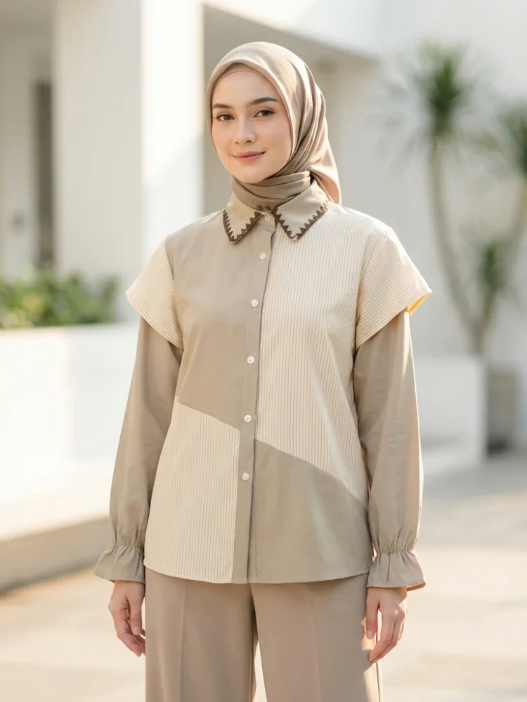 ASAYA Blouse wanita lembut desain patchwork garis elegan modern banyak pilihan