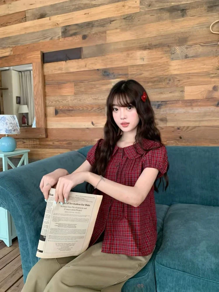 CHICMORE Atasan pakaian wanita kerah polo bermotif kotak gaya retro baru