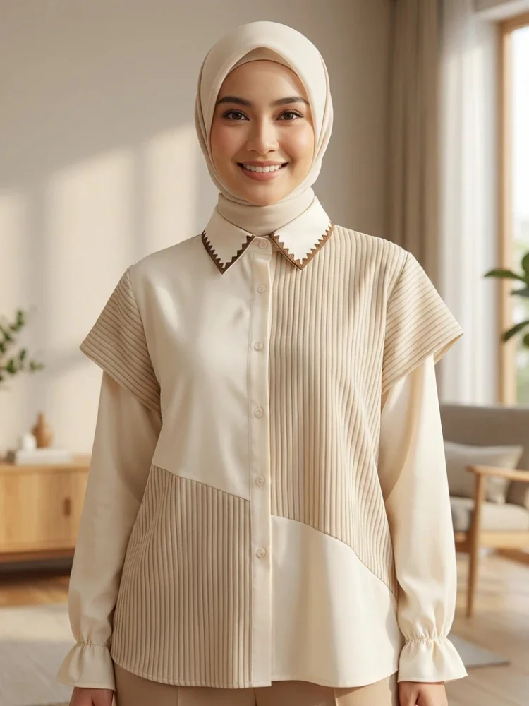ASAYA Blouse wanita lembut desain patchwork garis elegan modern banyak pilihan