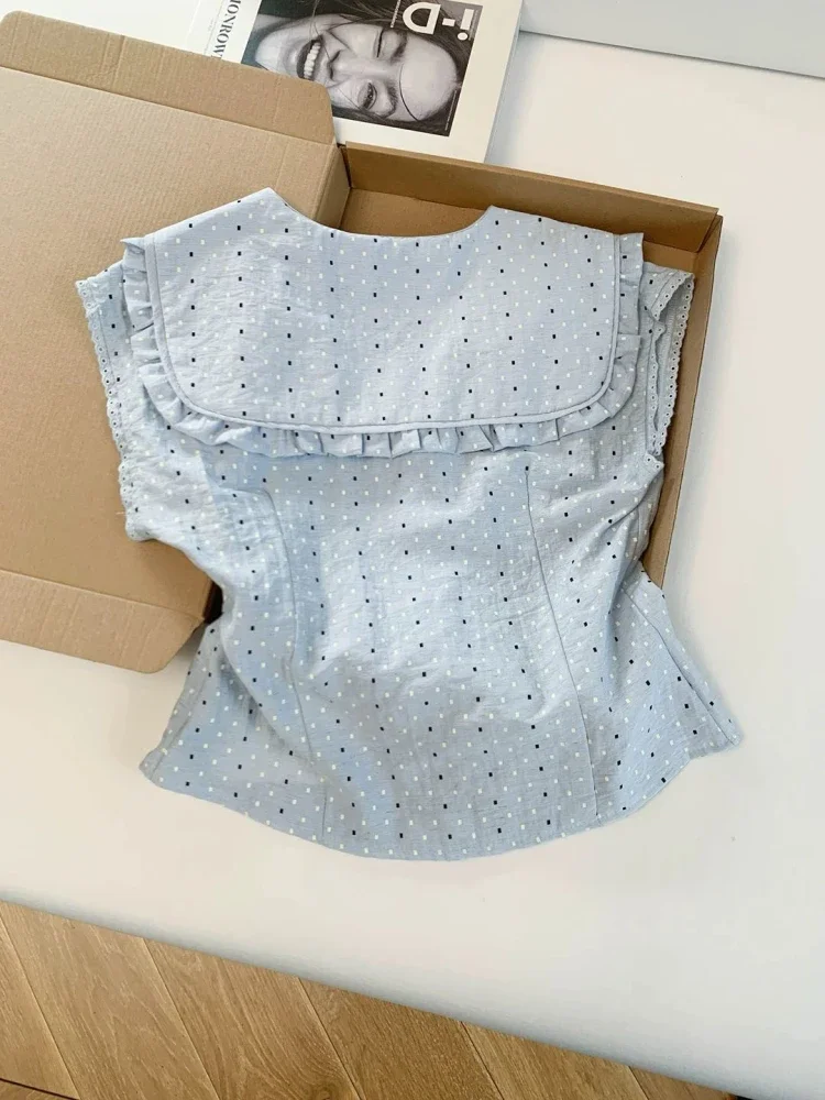 CHICMORE Atasan wanita gaya korea tanpa lengan motif polkadot dengan kerah v neck trendi