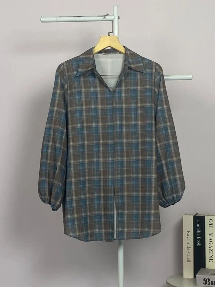 ASAYA Atasan gaya retro kerah v model longgar motif cetak untuk wanita