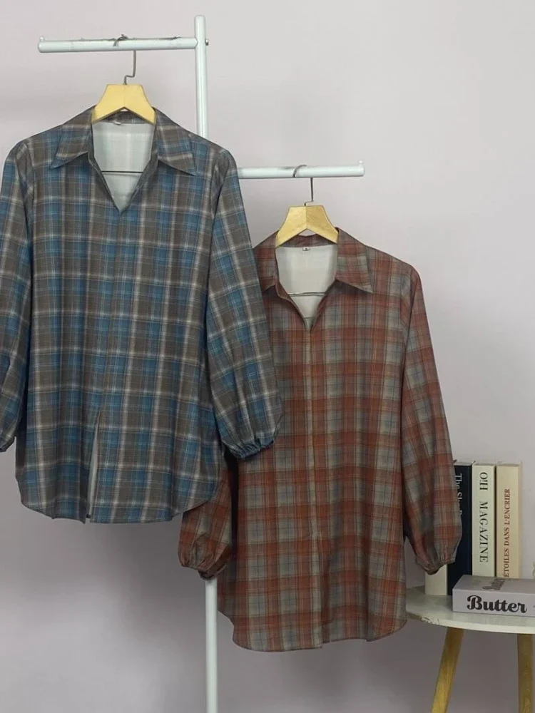 ASAYA Atasan gaya retro kerah v model longgar motif cetak untuk wanita