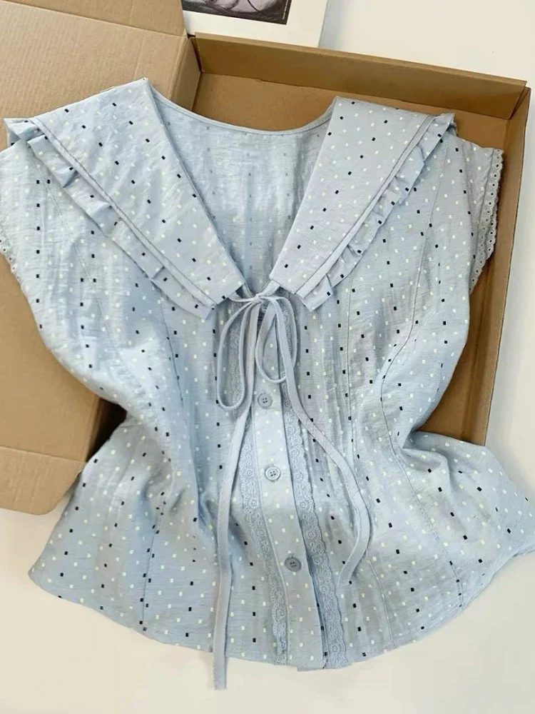 CHICMORE Atasan wanita gaya korea tanpa lengan motif polkadot dengan kerah v neck trendi