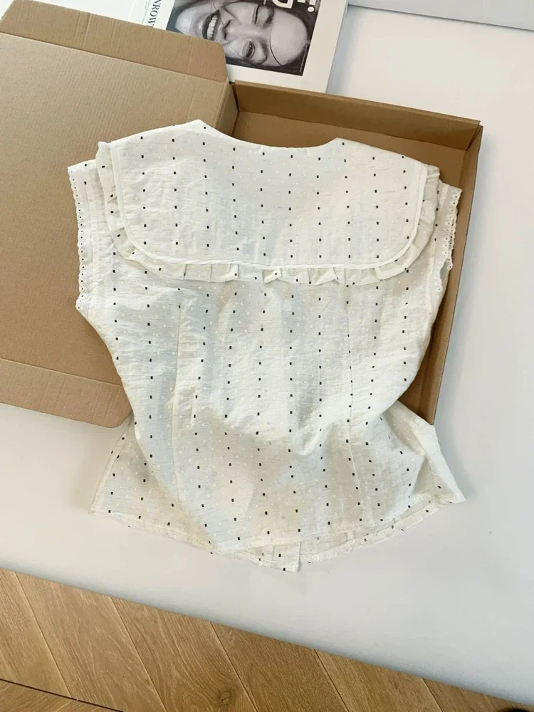 CHICMORE Atasan wanita gaya korea tanpa lengan motif polkadot dengan kerah v neck trendi