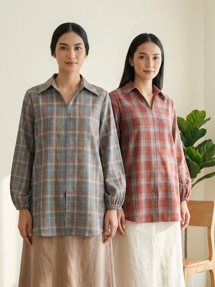 ASAYA Atasan gaya retro kerah v model longgar motif cetak untuk wanita