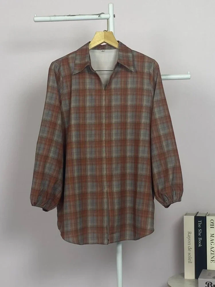 ASAYA Atasan gaya retro kerah v model longgar motif cetak untuk wanita