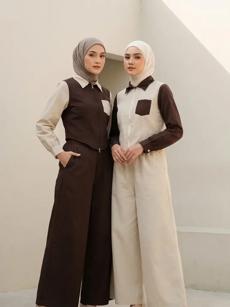 ASAYA Set atasan kemeja dan celana panjang motif tambal sulam warna polos
