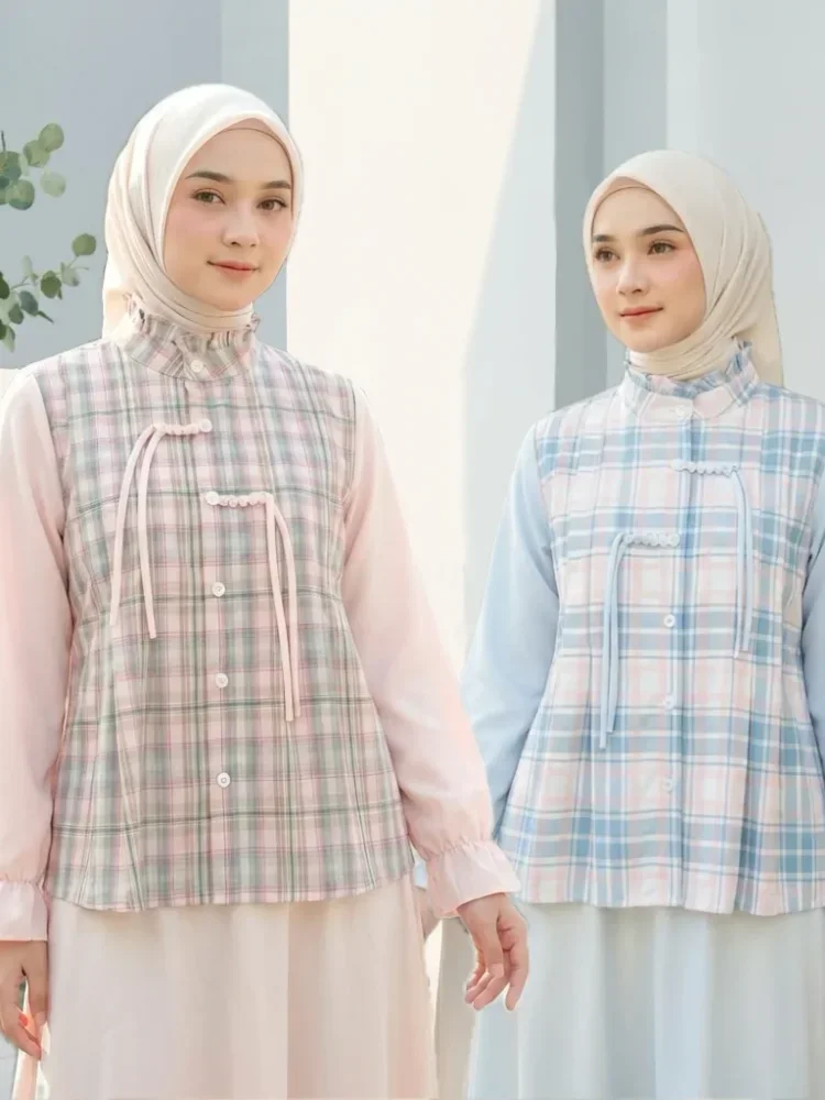 ASAYA Kemeja wanita lengan panjang  atasan retro wanita 2024