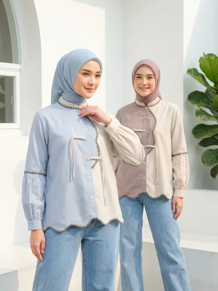 ASAYA Atasan wanita lengan panjang gaya retro, splicing mode