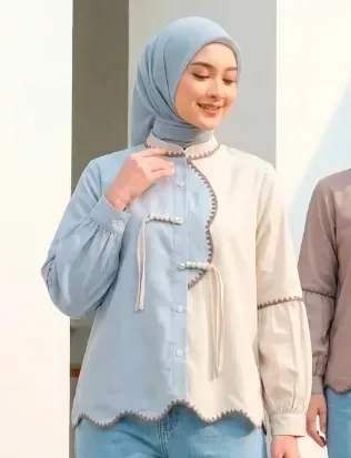 ASAYA Atasan wanita lengan panjang gaya retro, splicing mode