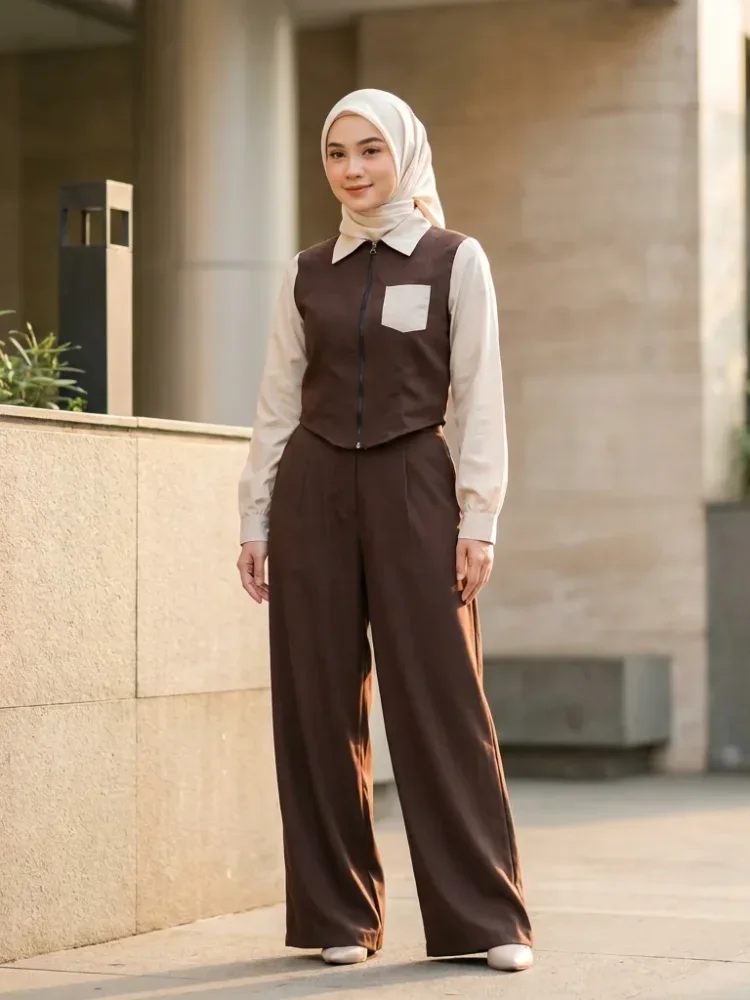 ASAYA Set atasan kemeja dan celana panjang motif tambal sulam warna polos