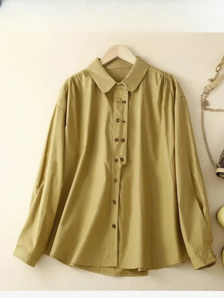 ASAYA Kemeja warna solid dengan kancing unik sebaris dan lengan panjang gaya baru