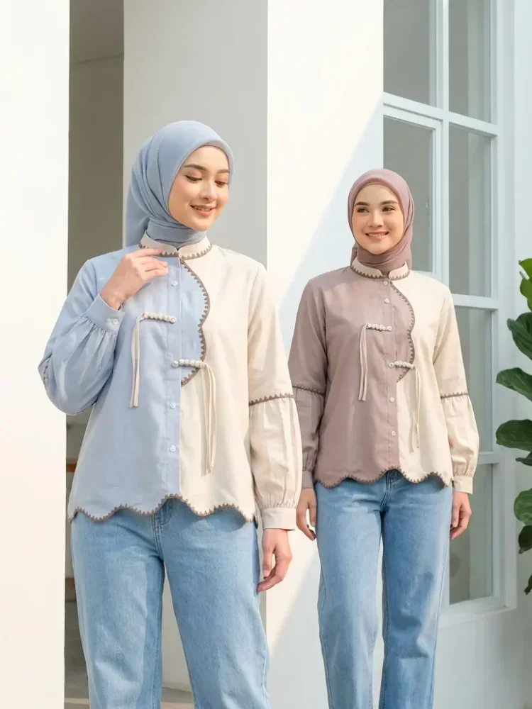 ASAYA Atasan wanita lengan panjang gaya retro, splicing mode