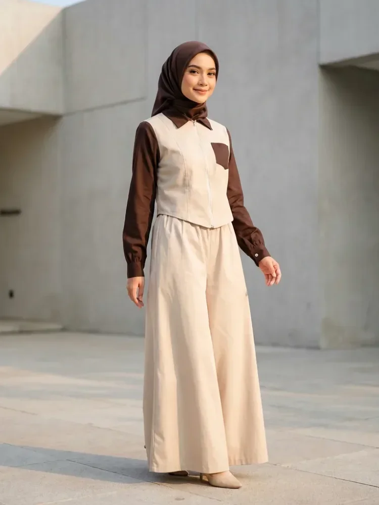 ASAYA Set atasan kemeja dan celana panjang motif tambal sulam warna polos