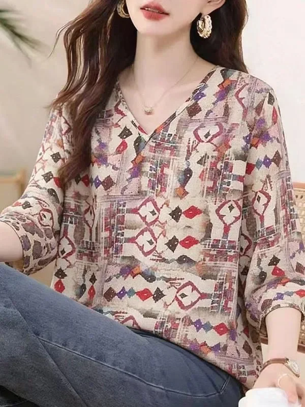 ASAYA Atasan blouse motif retro dengan lengan panjang dan leher berbentuk v