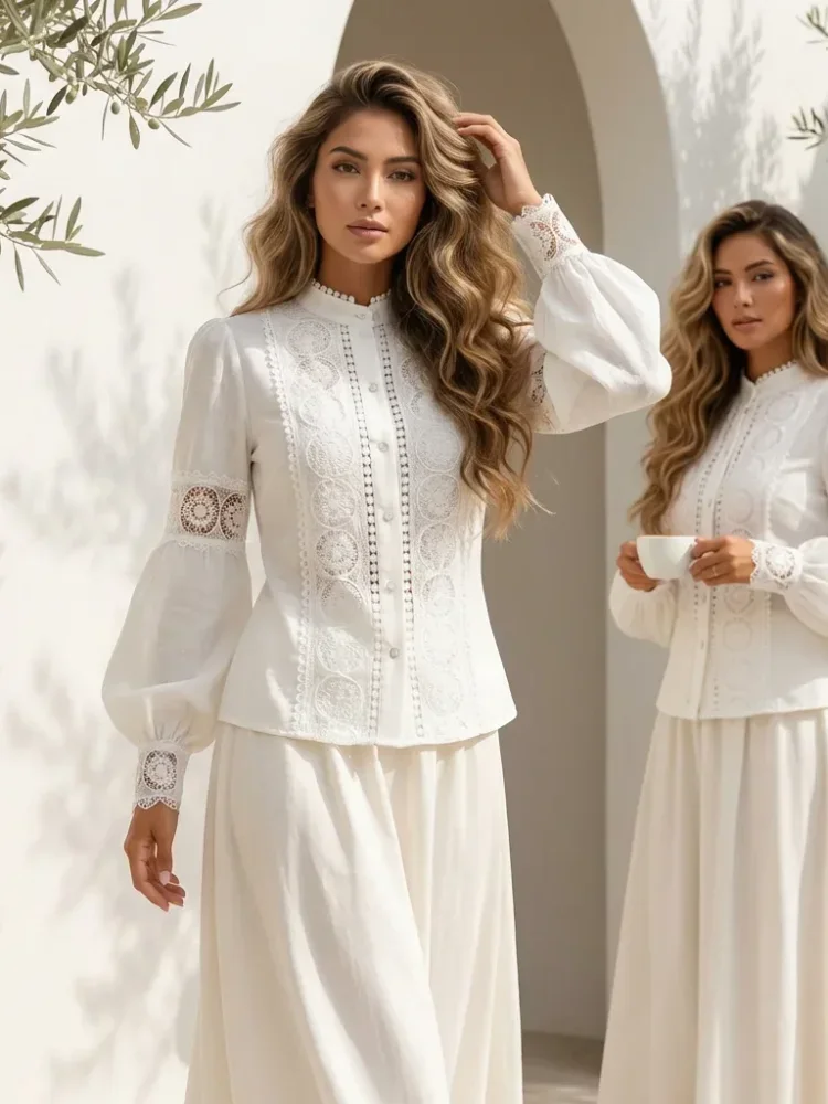 FADFAD Atasan wanita lengan panjang blus lengan lentera kerah tegak motif retro